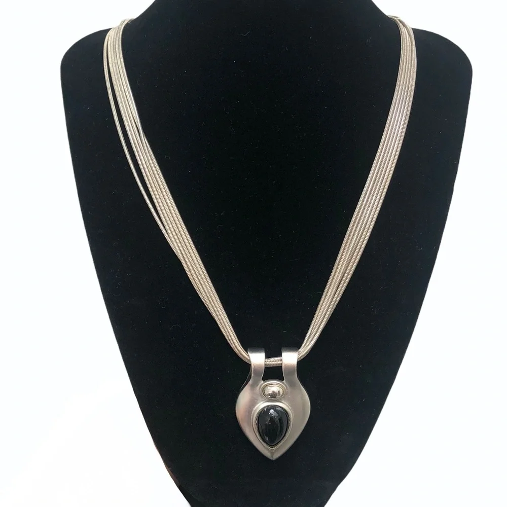 VINTAGE 6 CHAIN SILVER TONE NECKLACE WITH TEARDROP PENDANT WITH BLACK STONE